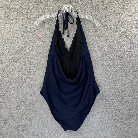 J. Crew Scalloped Plunge V Neck One Piece Swimsuit Navy‎ Blue Women's Large - Picture 2 of 6